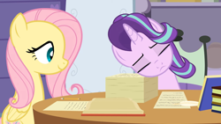 Size: 1280x720 | Tagged: safe, artist:agrol, fluttershy, starlight glimmer, pegasus, pony, unicorn, g4, book, cute, duo, duo female, female, glimmerbetes, mare, pencil, quill, school of friendship, sleeping, stack of papers, the element of kindness