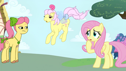 Size: 4096x2304 | Tagged: safe, artist:nickdisneyfan78, fluttershy, posey bloom, rosedust, earth pony, flutter pony, pegasus, pony, mlp fim's thirteenth anniversary, g1, g4, g5, crossover, female, high res, mare, trio, trio female