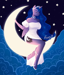 Size: 3000x3500 | Tagged: safe, artist:foxey9, princess luna, alicorn, anthro, unguligrade anthro, g4, choker, clothes, cloud, crescent moon, crown, dress, eyes closed, female, high res, jewelry, moon, night, regalia, solo, stars, tangible heavenly object