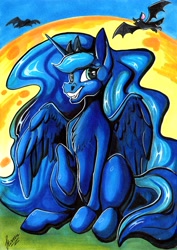 Size: 4928x6968 | Tagged: safe, artist:stirren, princess luna, alicorn, bat, pony, g4, belly, fangs, full body, moon, portrait, sitting, smiling, traditional art