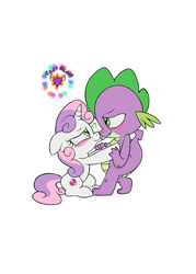 Size: 914x1280 | Tagged: safe, artist:real end, spike, sweetie belle, dragon, pony, unicorn, g4, duo, female, floating heart, heart, kissing, male, ship:spikebelle, shipping, simple background, straight, white background