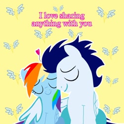 Size: 1400x1400 | Tagged: safe, artist:mlplary6, rainbow dash, soarin', pegasus, pony, g4, boyfriend and girlfriend, eyes closed, female, hug, love, male, mare, ship:soarindash, shipping, stallion, straight, text