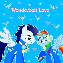 Size: 1400x1400 | Tagged: safe, artist:mlplary6, rainbow dash, soarin', pegasus, pony, g4, boyfriend and girlfriend, clothes, female, looking at each other, looking at someone, love, male, mare, ship:soarindash, shipping, smiling, smiling at each other, stallion, straight, text, uniform, wonderbolts uniform
