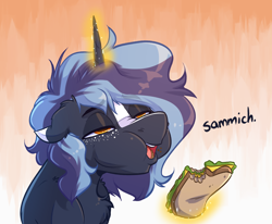 Size: 2514x2069 | Tagged: safe, artist:witchtaunter, oc, oc only, oc:witching hour, pony, unicorn, blaze (coat marking), coat markings, ear fluff, eating, facial markings, faic, floppy ears, food, high res, sammich, sandwich, solo
