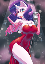 Size: 3541x5016 | Tagged: safe, artist:the-unicorn-lord, rarity, unicorn, anthro, g4, big breasts, breasts, busty rarity, cabaret, cleavage, clothes, cosplay, costume, dress, evening gloves, female, gloves, jessica rabbit, lipstick, long gloves, looking at you, microphone, one eye closed, open mouth, pointing at you, sexy, shoulderless, side slit, smiling, smiling at you, solo, total sideslit, wink, winking at you