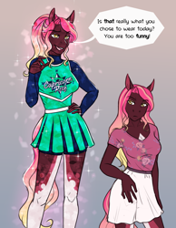 Size: 2338x3008 | Tagged: safe, artist:askbubblelee, oc, oc only, oc:destiny reins, crystal pony, anthro, unguligrade anthro, anthro oc, breasts, cheerleader, cheerleader outfit, clothes, crystal pony oc, dialogue, female, gradient background, high res, mare, redesign, shirt, skirt, smiling, solo, teenager