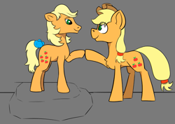Size: 1165x824 | Tagged: safe, artist:cotarsis, applejack, applejack (g1), earth pony, pony, mlp fim's thirteenth anniversary, g1, g4, applejack's hat, bow, cowboy hat, cute, female, g1 jackabetes, generational ponidox, gray background, hat, jackabetes, mare, missing freckles, no freckles, simple background, story, tail, tail bow