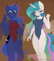 Size: 1076x1200 | Tagged: safe, artist:airfly-pony, princess celestia, princess luna, anthro, g4, 2021, clothes, duo, female, high-cut clothing, looking at you, one-piece swimsuit, patreon, patreon reward, peace sign, royal sisters, siblings, sisters, swimsuit, traditional art