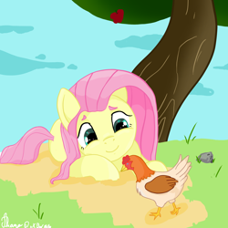 Size: 6000x6000 | Tagged: safe, artist:bigmike, fluttershy, bird, chicken, pegasus, pony, g4, female, mare, simple background, sitting, smiling, tree