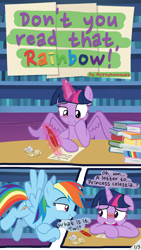 Size: 1080x1920 | Tagged: safe, artist:gypsykumquat, rainbow dash, twilight sparkle, alicorn, pegasus, pony, g4, .svg available, blushing, book, comic, desk, embarrassed, faic, floppy ears, flying, inkscape, library, magic, magic aura, pen, quill, show accurate, smiling, smug, smugdash, speech bubble, spread wings, text, twilight sparkle (alicorn), twilight's castle, twilight's castle library, vector, wings