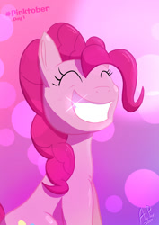 Size: 1240x1754 | Tagged: safe, artist:ace play, pinkie pie, earth pony, pony, g4, bust, eyes closed, female, grin, happy, mare, sitting, smiling, solo, sparkling smile