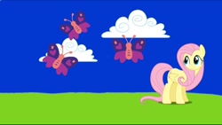 Size: 1080x610 | Tagged: safe, edit, fluttershy, butterfly, pegasus, pony, g4, cute, looking up, shyabetes