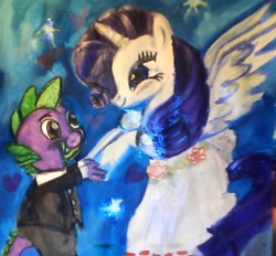 Size: 509x473 | Tagged: safe, artist:mistresscarrie, rarity, spike, alicorn, dragon, pony, unicorn, g4, alicornified, clothes, dancing, dress, duo, eyelashes, female, grin, holding hooves, looking at each other, looking at someone, male, night, princess rarity, race swap, raricorn, ship:sparity, shipping, smiling, smiling at each other, starry night, straight, suit, tuxedo, wings