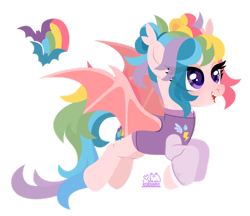 Size: 1024x885 | Tagged: safe, artist:kabuvee, oc, oc only, unnamed oc, bat pony, pony, bat wings, clothes, colored wings, ear tufts, fangs, female, flying, hair bun, jacket, lidded eyes, lineless, mare, multicolored hair, open mouth, purple eyes, rainbow hair, simple background, smiling, solo, space buns, spread wings, transparent background, wings