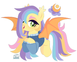 Size: 3760x3000 | Tagged: safe, artist:kabuvee, oc, oc only, unnamed oc, bat pony, pony, bat wings, beauty mark, clothes, colored wings, ear tufts, fangs, female, flying, green eyes, high res, hoof on chest, jacket, lidded eyes, lineless, mare, open mouth, simple background, smiling, solo, spread wings, transparent background, wings