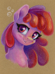 Size: 898x1200 | Tagged: safe, artist:maytee, berry punch, berryshine, earth pony, pony, g4, bubble, bust, colored pencil drawing, female, looking at you, mare, portrait, smiling, smiling at you, solo, traditional art