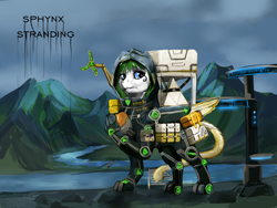 Size: 4000x3000 | Tagged: safe, artist:dalagar, oc, oc only, oc:mint wellington, sphinx, boxes, death stranding, delivery pony, high res, hood, leonine tail, male, paws, pyramid, sphinx oc, tail