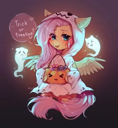 Size: 1884x2048 | Tagged: safe, artist:tyutya, fluttershy, ghost, pegasus, pony, undead, g4, candy, clothes, costume, cute, eye clipping through hair, eyebrows, female, flutterghost, food, ghost costume, halloween, halloween costume, holiday, looking at you, mare, open mouth, pumpkin, pumpkin bucket, shyabetes, signature, sitting, solo, sparkles, speech bubble, spread wings, trick or treat, unshorn fetlocks, wings