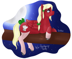 Size: 3606x2966 | Tagged: safe, alternate version, artist:loopina, oc, oc only, oc:rasberry panic, pegasus, pony, bow, female, high res, mare, moon, night, poctober, simple background, solo, tail, tail bow, transparent background, tree branch