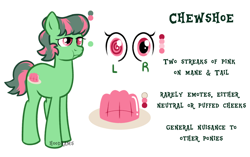 Size: 4096x2574 | Tagged: safe, artist:hoodrams, oc, oc only, oc:chewshoe, earth pony, pony, cutie mark, gelatin, reference sheet, simple background, solo, swirly eyes, text, white background