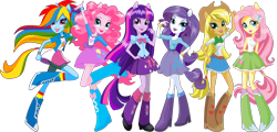 Size: 2177x1046 | Tagged: safe, artist:figyalova, applejack, fluttershy, pinkie pie, rainbow dash, rarity, twilight sparkle, alicorn, equestria girls, g4, boots, clothes, full body, humane five, humane six, ponied up, shoes, simple background, transparent background, twilight sparkle (alicorn), vector