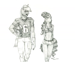 Size: 1400x1153 | Tagged: safe, artist:baron engel, big macintosh, sugar belle, earth pony, unicorn, anthro, g4, abs, american football, belly button, breasts, busty sugar belle, cheerleader, cheerleader outfit, cleavage, clothes, curvy, daisy dukes, female, football helmet, helmet, hourglass figure, looking at each other, looking at someone, male, mare, midriff, monochrome, pencil drawing, pom pom, ship:sugarmac, shipping, shorts, sports, stallion, straight, traditional art