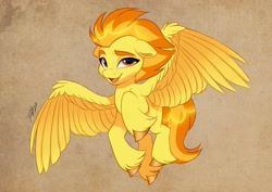 Size: 4096x2896 | Tagged: safe, artist:haruh_ink, spitfire, pegasus, pony, g4, female, high res, looking at you, open mouth, open smile, simple background, smiling, solo, spread wings, thick eyebrows, unshorn fetlocks, wings
