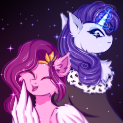 Size: 2500x2500 | Tagged: safe, artist:stesha, pipp petals, rarity, pegasus, pony, unicorn, mlp fim's thirteenth anniversary, g4, g5, adorapipp, bust, colored sketch, cute, duo, duo female, ear fluff, eyes closed, female, glowing, glowing horn, high res, horn, looking at someone, magic, magic aura, mare, one wing out, open mouth, open smile, pipp and her heroine, sketch, smiling, sparkles, wing hands, wings