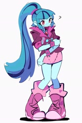 Size: 1360x2048 | Tagged: safe, artist:arrcticc_fish, sonata dusk, equestria girls, g4, boots, clothes, coat, cute, female, gem, question mark, shoes, simple background, siren gem, skirt, socks, solo, sonatabetes, spiked wristband, white background, wristband