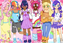 Size: 1498x1010 | Tagged: safe, artist:toyjadezie, applejack, fluttershy, pinkie pie, rainbow dash, rarity, twilight sparkle, human, g4, :d, alternate hairstyle, applejack's hat, awesome face, belly button, belt, bone, boots, bracelet, cardigan, clothes, converse, cowboy boots, cowboy hat, dark skin, denim, dress, ear piercing, earring, eyeshadow, fangs, feet, female, freckles, hair over one eye, hairclip, hat, heart, heart eyes, high heels, humanized, jeans, jewelry, loose socks, makeup, mane six, midriff, music notes, necklace, onomatopoeia, open mouth, open smile, pants, piercing, sandals, shoes, skirt, smiling, socks, sound effects, starry eyes, stars, sweater vest, tank top, tube top, wingding eyes, zzz