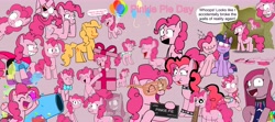 Size: 8886x3956 | Tagged: safe, artist:sketchyboi25, pinkie pie, twilight sparkle, earth pony, pony, unicorn, fanfic:cupcakes, g4, :3, :<, balloon, barbie mugshot meme, blush lines, blushing, boots, bowtie, candy, choker, chokerpie, clothes, confetti, cutie mark dress, dress, ear piercing, earring, female, flat, flattened, floating, food, jewelry, kit-kat, lesbian, meme, motion blur, mugshot, onomatopoeia, open mouth, open smile, papyrus (undertale), party cannon, partygoer, piercing, pink background, pinkamena diane pie, pinkie pie's boutique, present, scarf, ship:twinkie, shipping, shoes, shutter shades, simple background, sitting, sleeping, smiling, sound effects, speech bubble, spiked choker, spiked wristband, standing, striped scarf, sunglasses, tail cuff, the backrooms, then watch her balloons lift her up to the sky, undertale, unicorn twilight, wristband, zzz