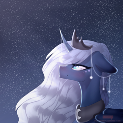 Size: 4000x4000 | Tagged: safe, artist:walkersky27, princess luna, alicorn, pony, g4, absurd resolution, blue eyes, blushing, crown, curved horn, cute, digital art, eyelashes, female, flowing mane, folded wings, glowing, happy, horn, jewelry, lacrimal caruncle, lidded eyes, long mane, mare, moonlight, night, peytral, redraw, regalia, smiling, solo, stars, white mane, wings