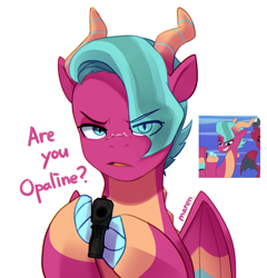 Size: 2476x2578 | Tagged: safe, artist:maren, blaize skysong, dragon, g5, lavarynth, my little pony: tell your tale, spoiler:g5, spoiler:my little pony: tell your tale, spoiler:tyts01e62, delet this, eye clipping through hair, eyebrows, eyebrows visible through hair, gun, hair over one eye, handgun, high res, implied opaline arcana, incoming karma, looking at you, pistol, screencap reference, simple background, solo, this will end in death, this will end in karma, weapon, white background