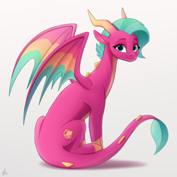 Size: 2000x2000 | Tagged: safe, artist:luminousdazzle, blaize skysong, dragon, g5, lavarynth, my little pony: tell your tale, spoiler:g5, spoiler:my little pony: tell your tale, spoiler:tyts01e62, blaizebetes, blue eyes, colored wings, cute, dragoness, female, freckles, high res, horns, looking at you, multicolored wings, simple background, sitting, smiling, solo, spikes, wings