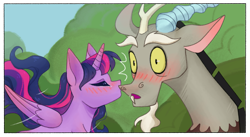 Size: 2983x1633 | Tagged: safe, artist:daffolyn, discord, twilight sparkle, alicorn, pony, comic:discordant intentions, comic:discordant intentions (version 1), g4, the ending of the end, antlers, blushing, cheek kiss, close-up, commissioner:zcord, female, flowing hair, friendshipping, horn, kissing, male, outdoors, platonic kiss, ship:discolight, shipping, shocked, shocked expression, straight, twilight sparkle (alicorn)