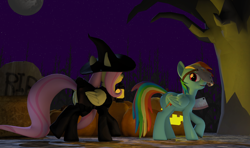Size: 2390x1417 | Tagged: safe, artist:xafilah, fluttershy, rainbow dash, pegasus, pony, g4, 3d, cleaver, gmod, halloween, hat, holiday, jack-o-lantern, mask, moon, night, pumpkin, witch costume, witch hat