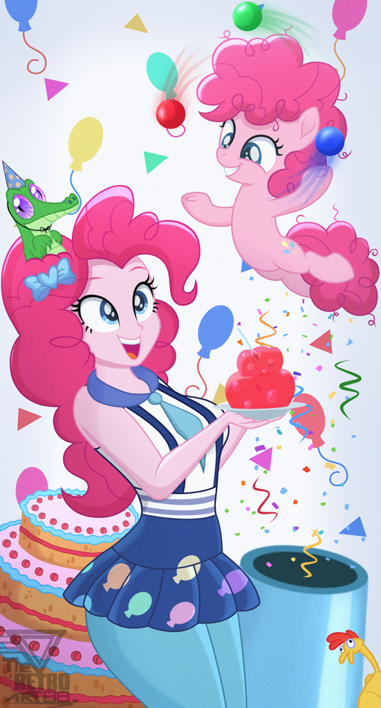 [alligator,breasts,cake,confetti,earth pony,equestria girls,female,filly,food,grin,gummy,human,human ponidox,jello,juggling,open mouth,party cannon,pinkie pie,pony,rubber chicken,safe,self ponidox,younger,pony cannonball,filly pinkie pie,smiling,self paradox,busty pinkie pie,open smile,artist:theretroart88]