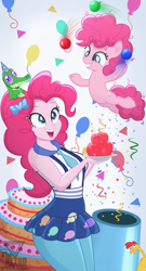Size: 2100x3902 | Tagged: safe, artist:theretroart88, gummy, pinkie pie, alligator, earth pony, human, pony, equestria girls, g4, my little pony equestria girls: friendship games, breasts, busty pinkie pie, cake, confetti, cute, diapinkes, female, filly, filly pinkie pie, food, grin, high res, human ponidox, jello, juggling, open mouth, open smile, party cannon, pony cannonball, rubber chicken, self paradox, self ponidox, smiling, younger