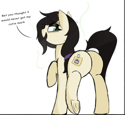 Size: 4375x4023 | Tagged: safe, artist:gean, oc, oc:dot matrix, oc:floor bored, earth pony, pony, blank flank, butt, dock, fake cutie mark, hair tie, looking at you, looking back, neet, plot, raised leg, simple background, solo, sticky note, stink lines, tail, text, underhoof, white background