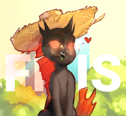 Size: 986x908 | Tagged: safe, artist:haku nichiya, oc, oc:filis, changeling, pony, fangs, hat, heart, looking at you, open mouth, open smile, outdoors, red changeling, smiling, solo