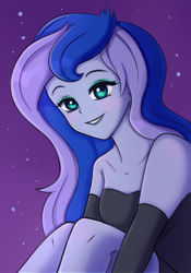 Size: 1400x2000 | Tagged: safe, artist:tanatos, princess luna, vice principal luna, human, equestria girls, g4, adorasexy, anime, bare shoulders, black dress, clothes, cute, dress, evening gloves, female, gloves, long gloves, looking at you, lunabetes, sexy, simple background, smiling, solo, strapless