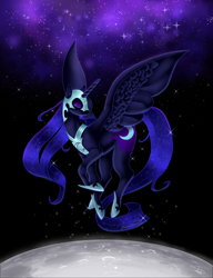 Size: 2648x3448 | Tagged: safe, artist:primaldonna, nightmare moon, alicorn, pony, g4, beautiful, blue mane, blue tail, digital art, ethereal mane, ethereal tail, eyes closed, eyeshadow, feather, female, flowing mane, flowing tail, helmet, high res, hoof shoes, horn, makeup, mare, moon, night, peytral, redraw, signature, sky, solo, sparkles, spread wings, starry mane, starry tail, stars, tail, wings