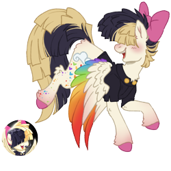 Size: 1000x1000 | Tagged: safe, artist:kazmuun, songbird serenade, pegasus, pony, g4, my little pony: the movie, bow, butt fluff, clothes, colored hooves, colored wings, flying, hair bow, hair over eyes, leg fluff, multicolored wings, open mouth, rainbow wings, shirt, simple background, smiling, solo, transparent background, turned head, wings