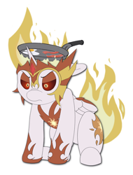 Size: 3024x3974 | Tagged: safe, alternate version, artist:jellyworm, daybreaker, alicorn, pony, g4, bacon, chestplate, chibi, daybreaker is not amused, folded wings, food, fried egg, frying pan, high res, hoof shoes, mane of fire, meat, mundane utility, simple background, solo, tail, tail of fire, unamused, white background, wings