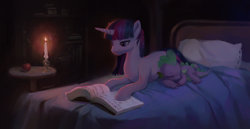 Size: 2672x1379 | Tagged: safe, artist:kinax, spike, twilight sparkle, dragon, pony, unicorn, g4, apple, bed, book, bookshelf, candle, crepuscular rays, digital art, duo, female, food, horn, lying down, male, mare, night, pillow, purple eyes, reading, signature, sleeping, smiling, table