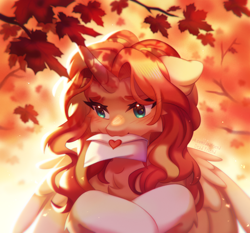 Size: 3944x3672 | Tagged: safe, artist:dedfriend, oc, oc only, alicorn, pony, alicorn oc, high res, horn, leaves, letter, mouth hold, solo, wings