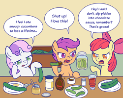 Size: 2000x1600 | Tagged: safe, artist:sazanamibd, apple bloom, scootaloo, sweetie belle, earth pony, pegasus, pony, unicorn, g4, cucumber, cutie mark crusaders, eating, female, filly, foal, food, herbivore