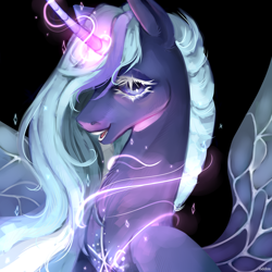 Size: 2288x2288 | Tagged: safe, artist:oddos, princess luna, alicorn, pony, g4, aura, black background, blue eyes, blue mane, chest fluff, commission, curved horn, cute, digital art, ethereal mane, eyelashes, eyeshadow, female, glowing, glowing horn, happy, high res, horn, looking at you, magic, makeup, mare, open mouth, open smile, peytral, simple background, smiling, smiling at you, solo, sparkles, spread wings, stars, teeth, wings