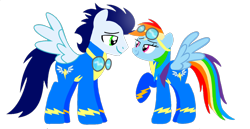 Size: 1532x789 | Tagged: safe, artist:mlplary6, rainbow dash, soarin', pegasus, pony, g4, boyfriend and girlfriend, clothes, cute, dashabetes, duo, female, looking at each other, looking at someone, male, mare, ship:soarindash, shipping, simple background, smiling, smiling at each other, soarinbetes, stallion, straight, transparent background, uniform, vector, wonderbolts uniform