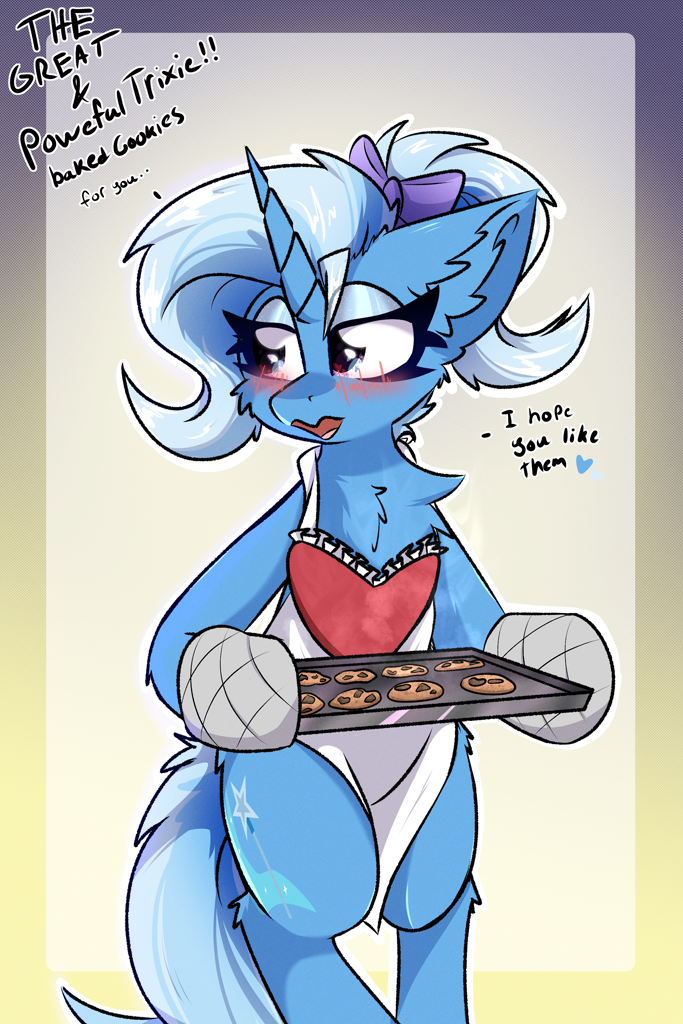 [apron,baking,bipedal,blushing,bow,chest fluff,clothes,cookie,cute,dialogue,food,hair bow,open mouth,oven mitts,pony,ponytail,safe,semi-anthro,solo,tray,trixie,unicorn,diatrixes,artist:jubyskylines,blush lines]